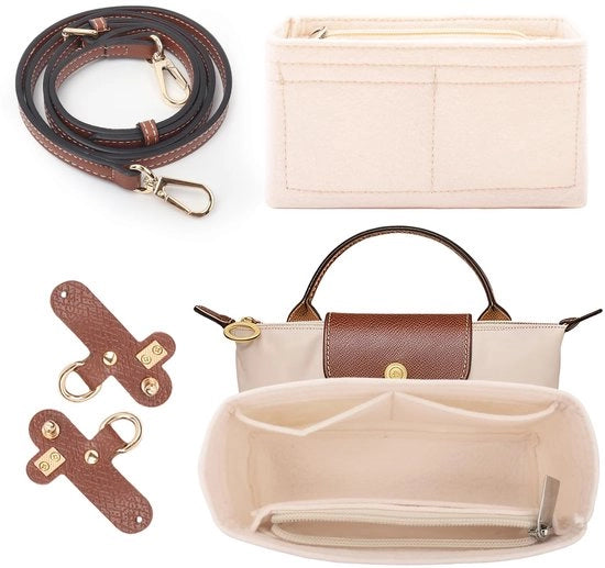 Set di organizzatori e cinturino 2 in 1 per borsa Longchamp Mini, senza foratura, design di chiusura regolabile, cinturino, diverse tasche, organizzatore in pelle per borsa Longchamp (mini bianca)