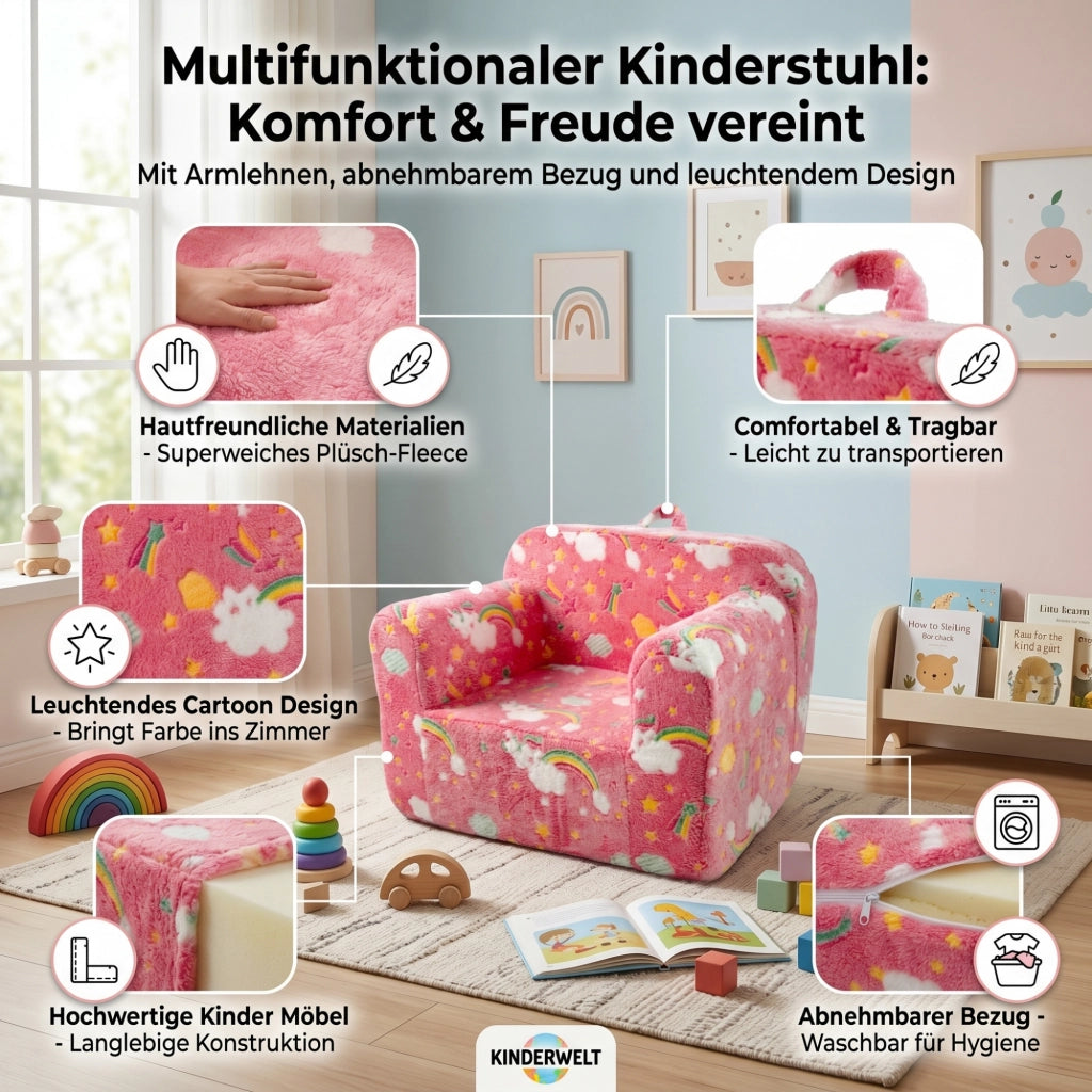 Poltrona per bambini in tessuto con braccioli, fodera sfoderabile e motivo luminoso, leggera, in schiuma rosa