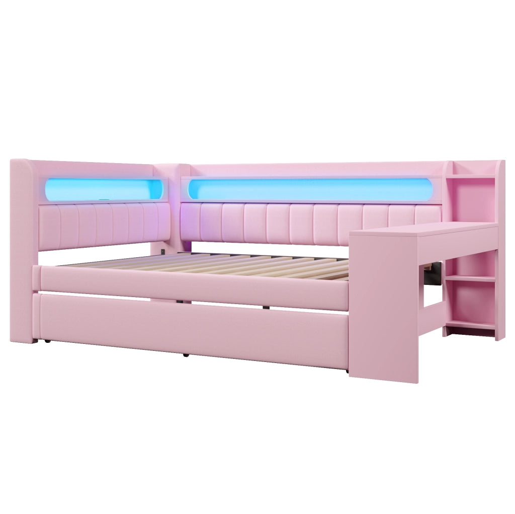 Letto imbottito 140x200 cm con LED; USB; letto estraibile e scrivania in lino rosa