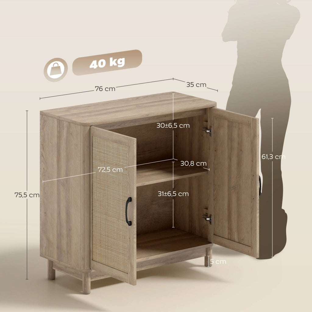 Mobile buffet con 2 ante in rattan ¨C Xylo ¨C rovere, ripiani regolabili, 76x35x75,5 cm
