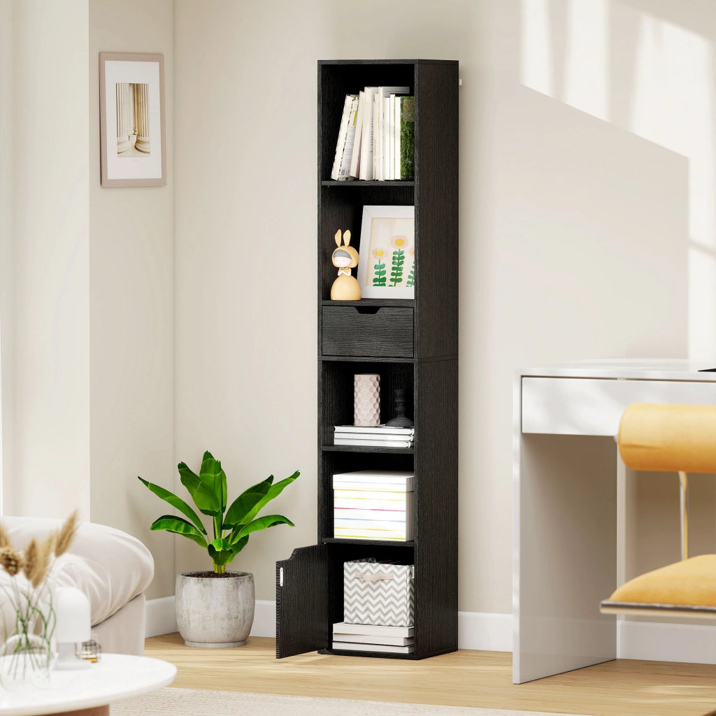 Libreria 30x24x158 cm a 4 Ripiani Aperti con Armadietto e Cassetto Nero