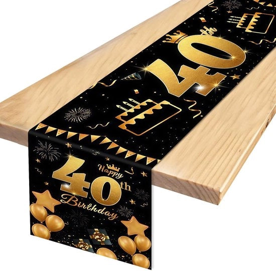 Decorazione per Tavolo 40° Anniversario Nero Oro, Decorazione per Tavolo 40° Anniversario, Decorazione per Tavolo 40° Anniversario per Tavolo Coperto Festa di Compleanno Jubileo, 180 x 35 cm