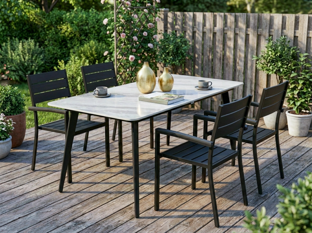 Tavolo da pranzo da giardino Piano in pietra sinterizzata Struttura in ferro Resistente ai raggi UV, all'acqua e alla ruggine Per interni ed esterni Marmo nero e grigio
