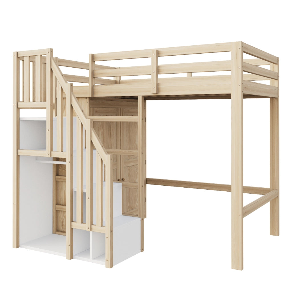 OKWISH Letto a Soppalco 90×200 cm, Letto Singolo con Scala Contenitore, Armadio e Barra Appendiabiti, senza Materasso, Legno Naturale