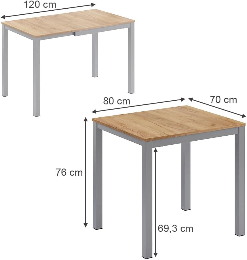 Tavolo da pranzo Granny, Quercia/grigio, 120 x 70 cm Estensibile, con funzione di estensione per lunghezze del tavolo variabili