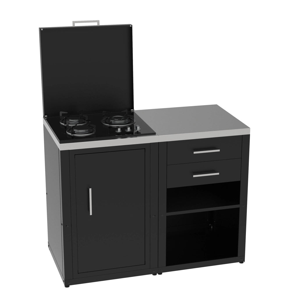 Set Cucina da Esterno a Gas 2 Elementi con 2 cassetti Estraibili - Struttura in Acciaio e Piano in Acciaio Inox - Nero