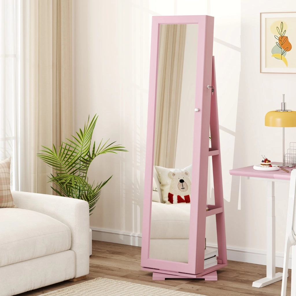 Armadio portagioielli girevole a 360¡ã con specchio, Organizer gioielli 2 in 1 a figura intera Rosa-Armadietti per gioielli