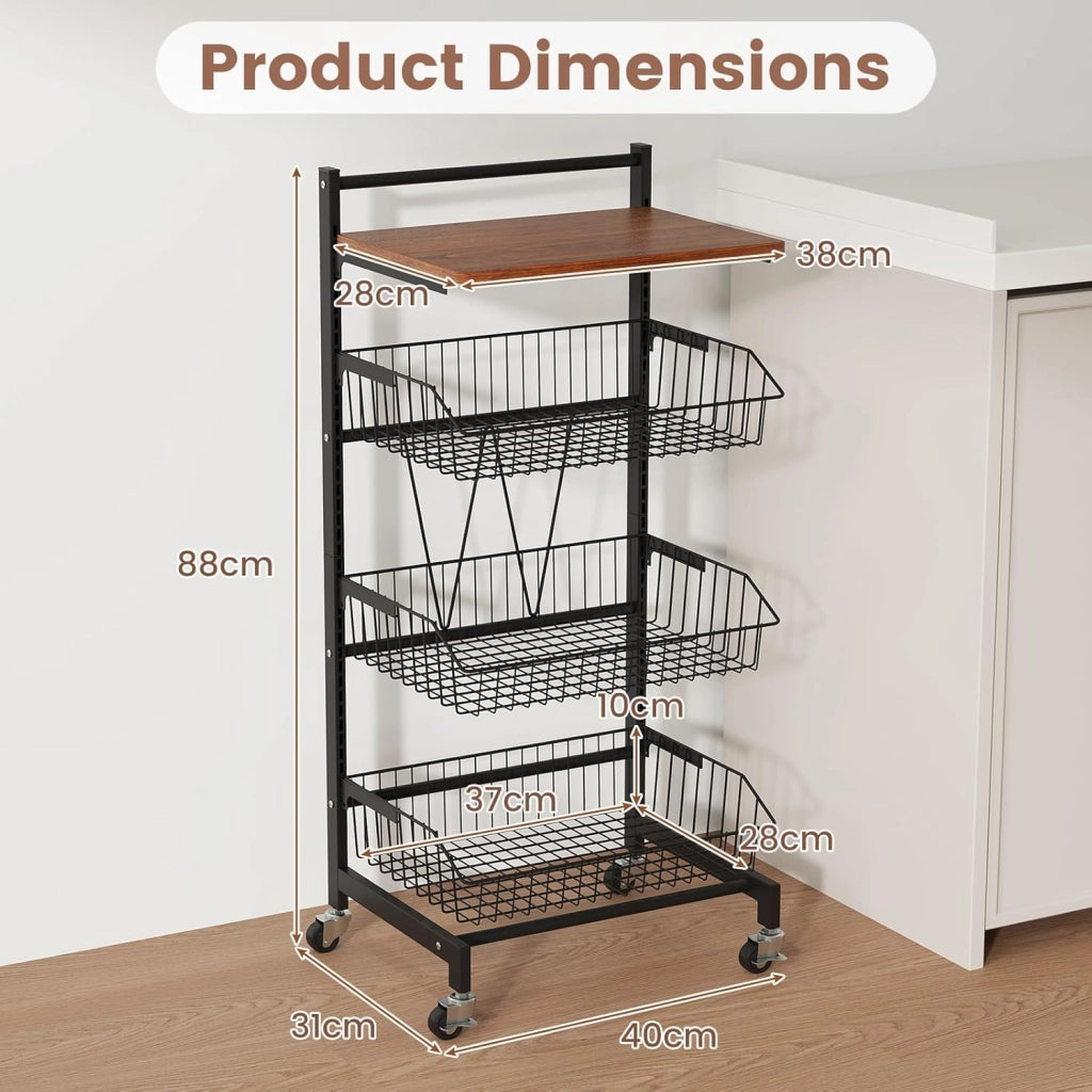 Carrello portaoggetti a 4 livelli, carrello da cucina con piano in legno, 3 cestini in metallo, telaio in metallo a 'W', carico totale 40 KG, mobile portaoggetti per cucina, camera da letto