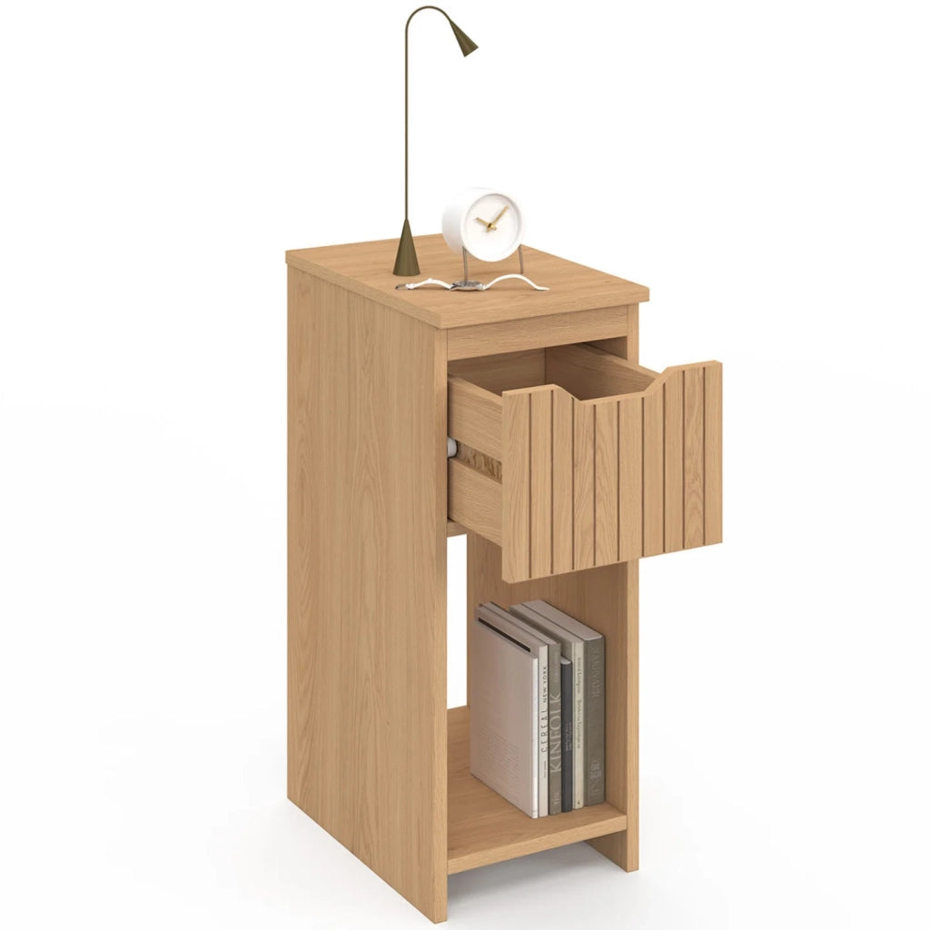 IDMarket - Set di 2 comodini stretti ANOUK, 1 cassetto, effetto legno e doghe