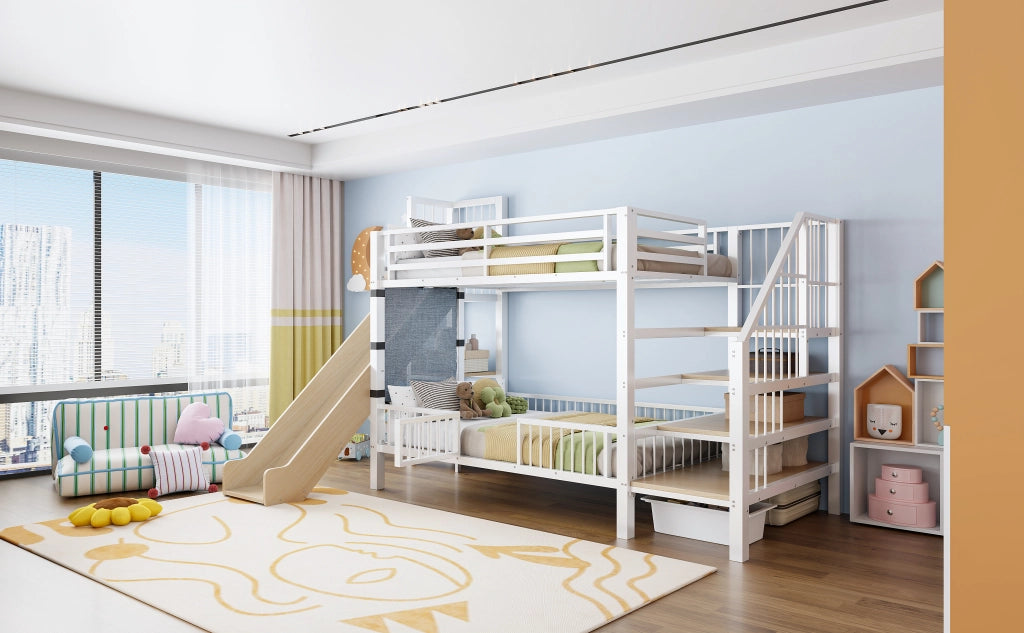 Letto a soppalco in metallo 90*200CM bianco scivolo riporzione scaffali letto per bambini sicuro e che fa risparmiare spazio