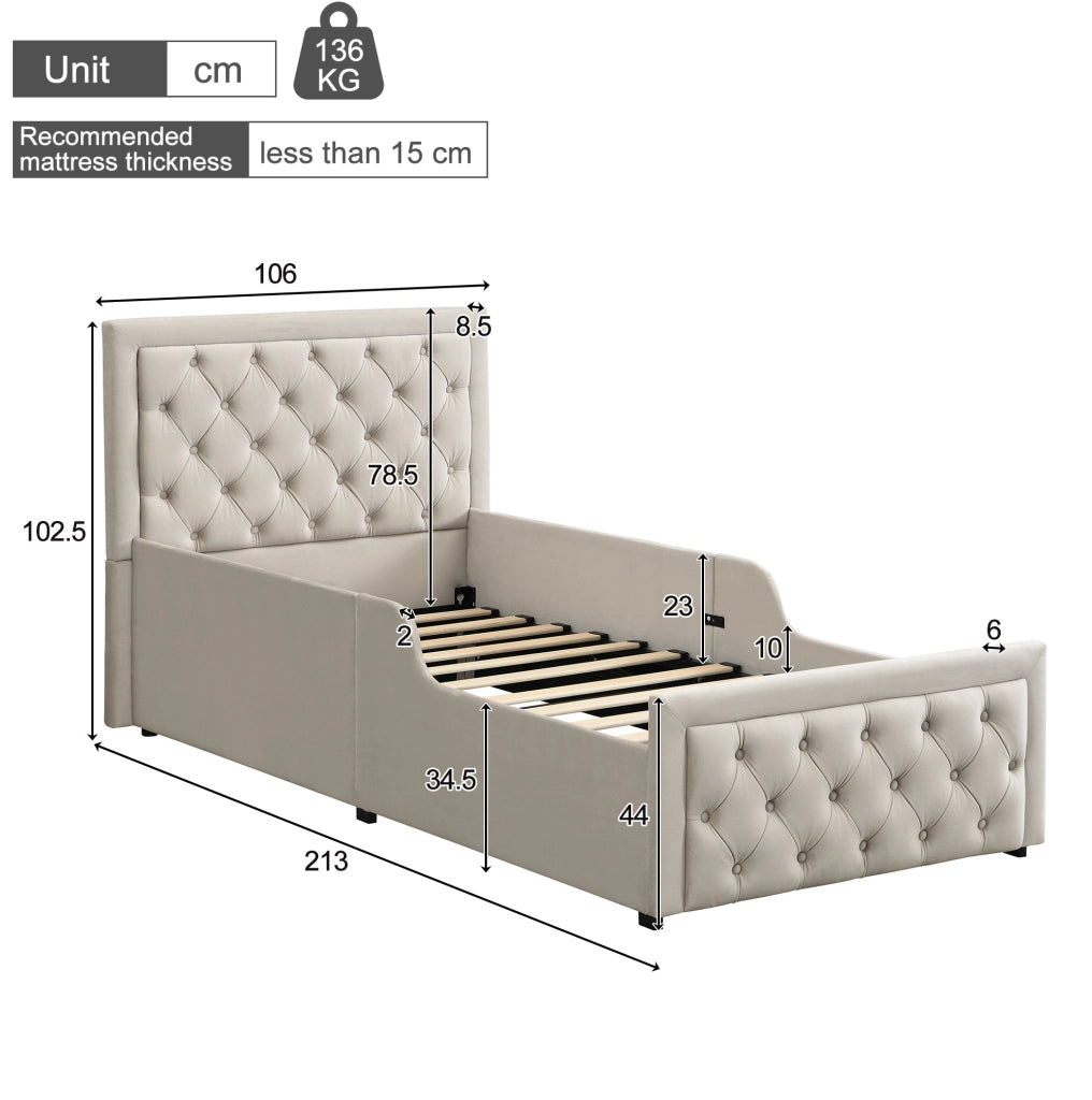 Letto singolo per bambini 90x200 cm con contenitore; velluto beige