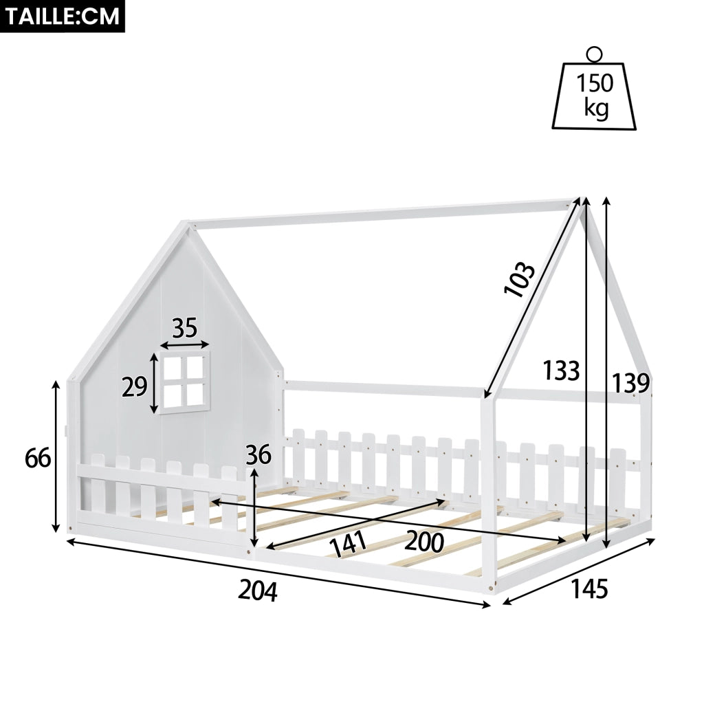 Letto a Casetta 140×200 cm; Letto Singolo con Sponda; per Bambino; senza Materasso; in Pino e MDF; Bianco