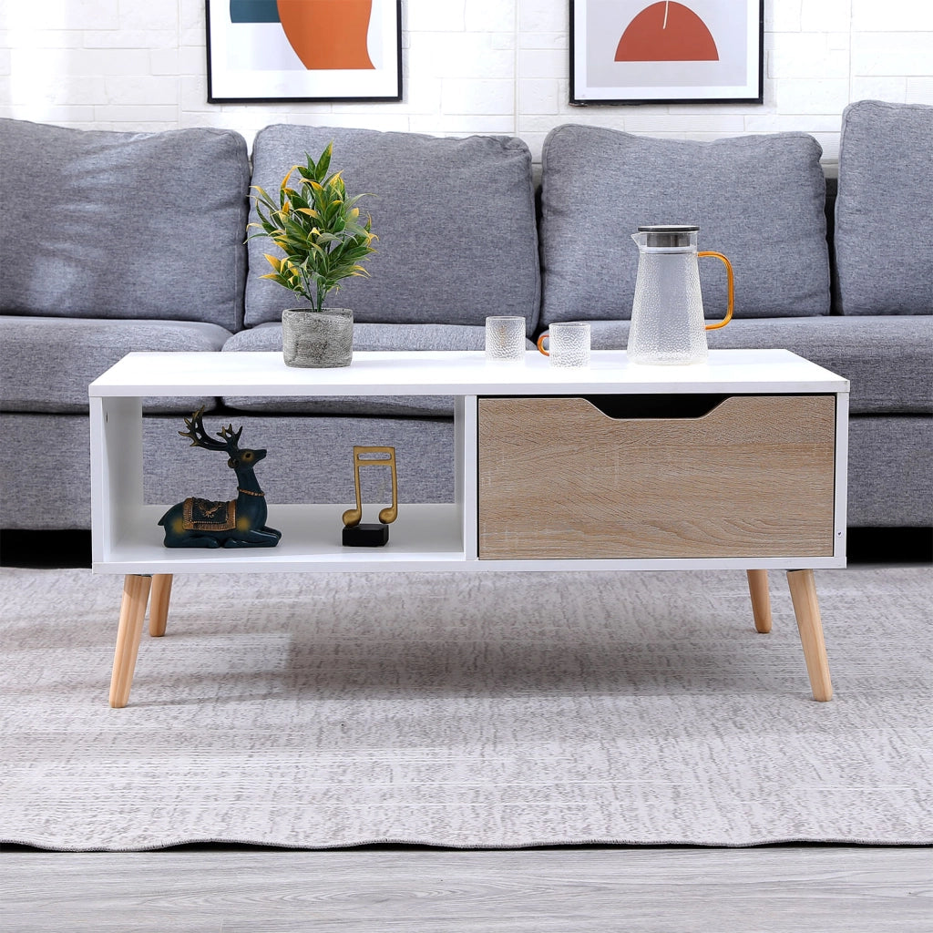 Tavolino FREJA bianco in stile scandinavo con cassetto