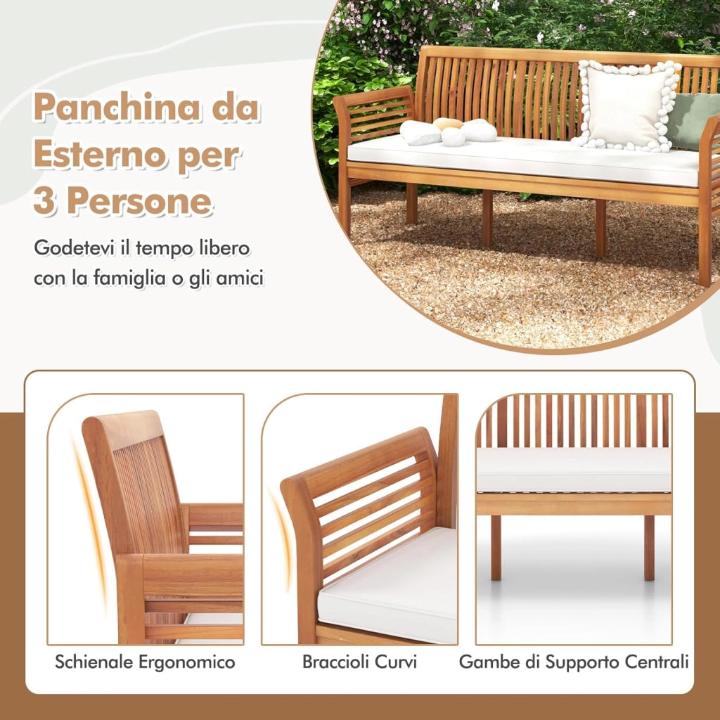 Panchina da Esterno in Legno di Acacia a 3 Posti, Panchina con Morbidi Cuscini, Schienale Ergonomico e Braccioli, Panchina per Balcone, Portico e Giardino, Portata 540 kg