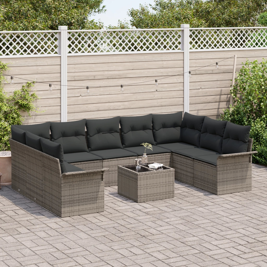 Set divano da giardino 9 pezzi con cuscini Grigio Polyrattan