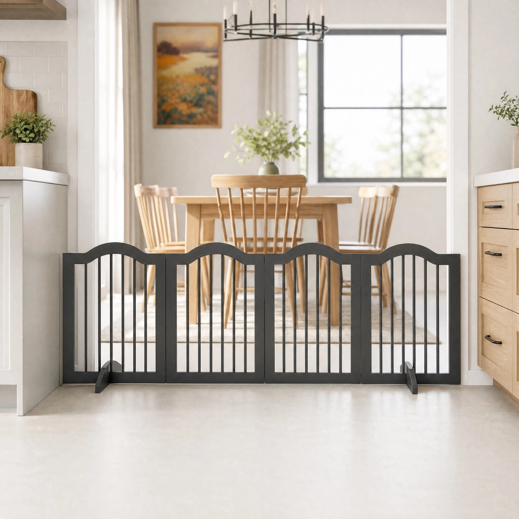 Cancello per cani pieghevole 208x61 cm con piedi di supporto in legno nero