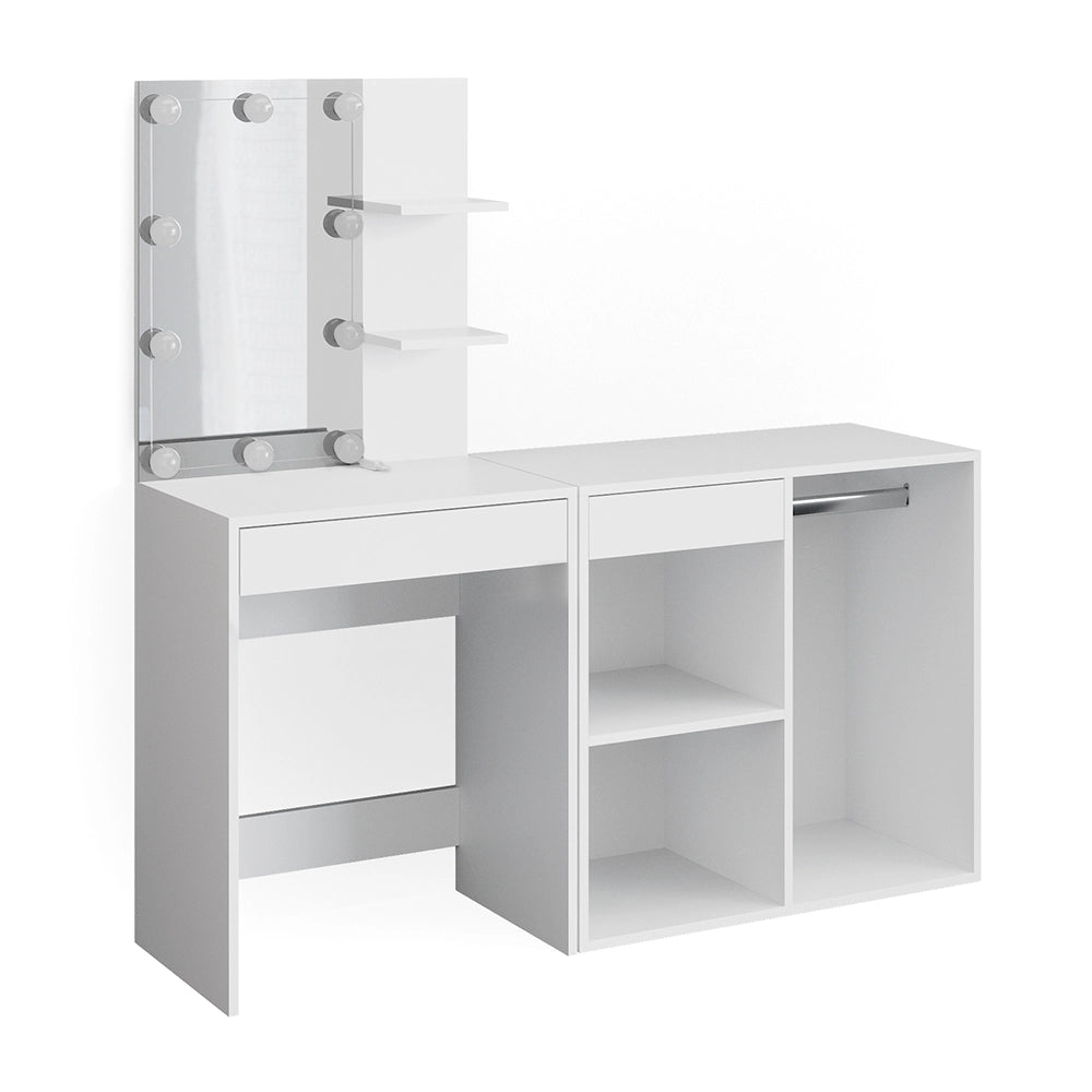 Vicco Tavolo da toeletta Bianco 140 cm con illuminazione LED e armadio