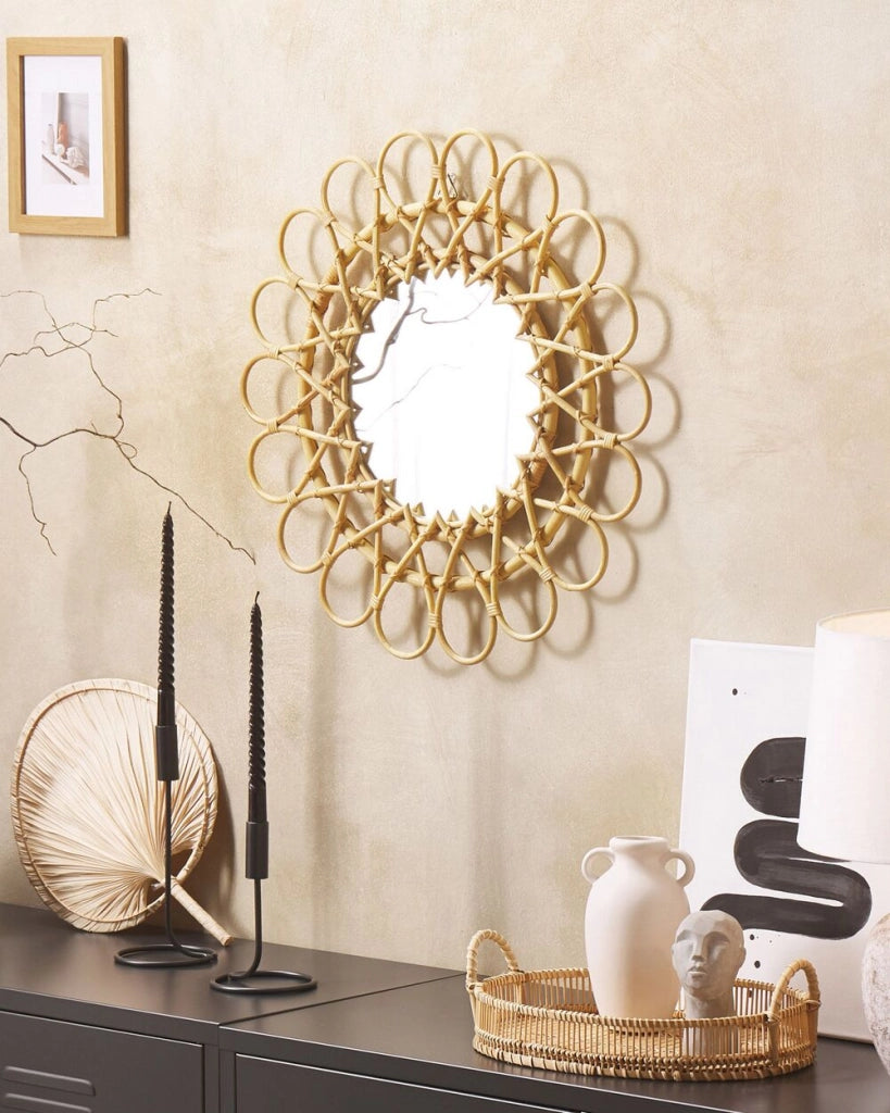 Specchio da parete Cornice in rattan naturale ø 60 cm a raggiera da appendere alla decorazione del soggiorno