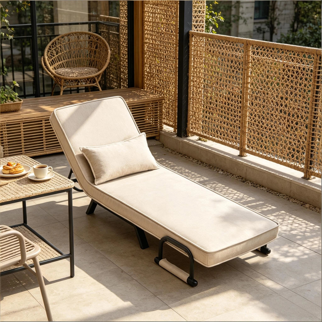 Poltrona letto pieghevole 3 in 1 con schienale regolabile a 5 posizioni, senza materasso, beige per piccoli spazi