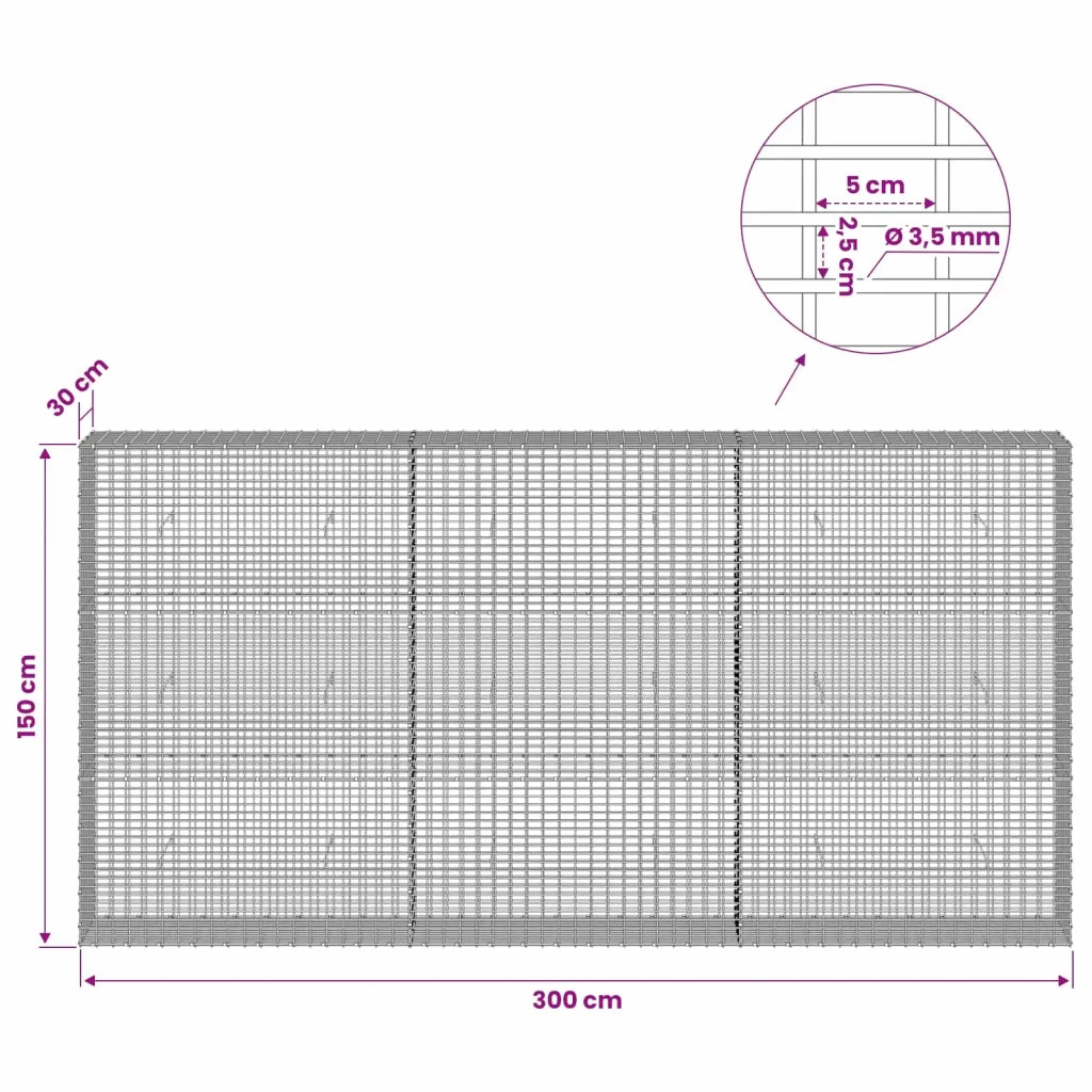 Gabione con Filo da 3,5 mm e Rete da 5x2,5 cm 300x30x150 cm 3461784