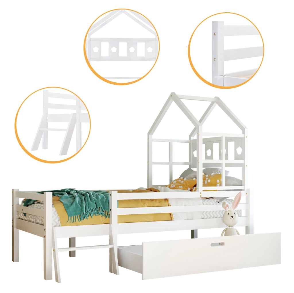 Letto a soppalco per bambini 90x200 cm in legno di pino bianco con scala e cassetto