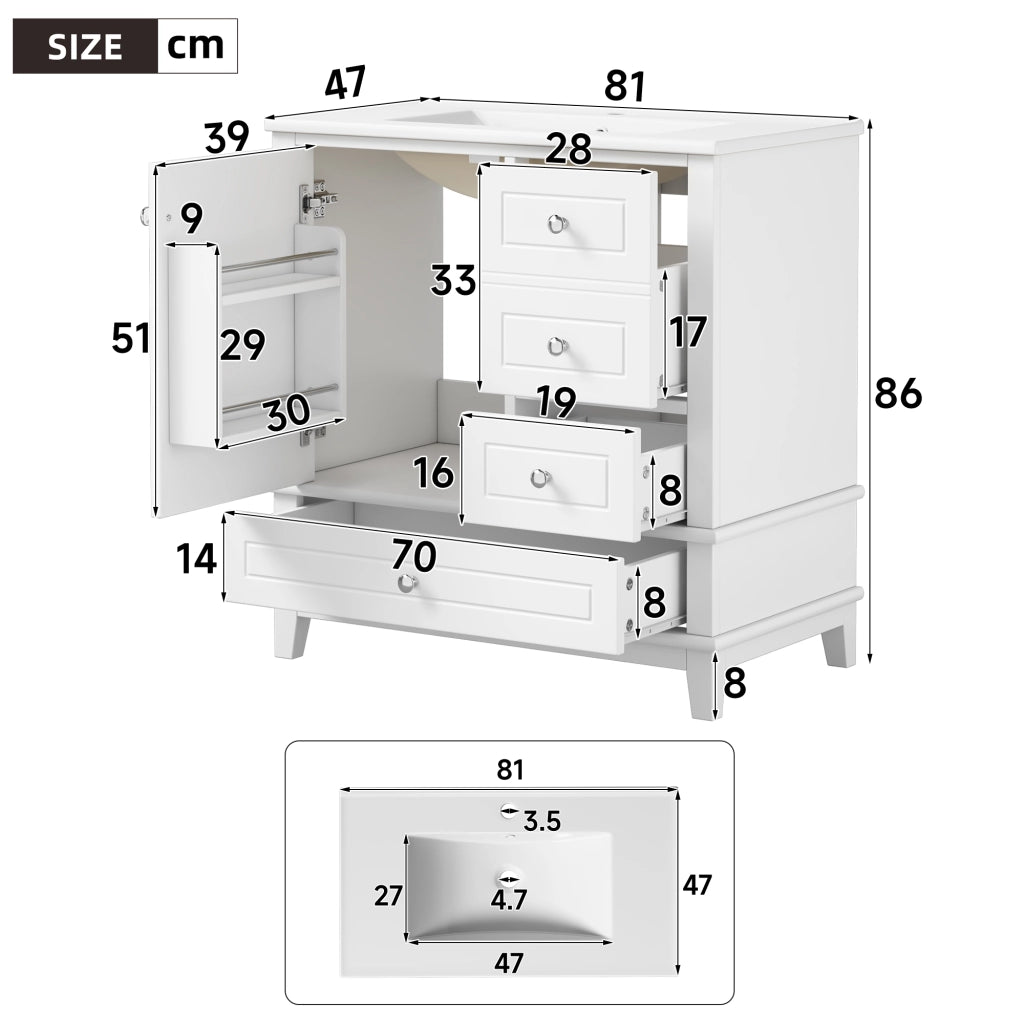 Mobile sottolavabo con 3 cassetti e anta; lavabo in ceramica - bianco - 81×47×86 cm