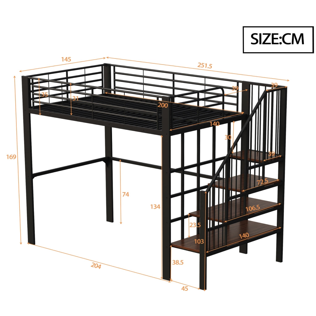 OKWISH Letto a soppalco 140×200 cm, Letto Matrimoniale con Spazio Contenitore, Scala e 24 Doghe, senza Materasso, in Metallo Nero