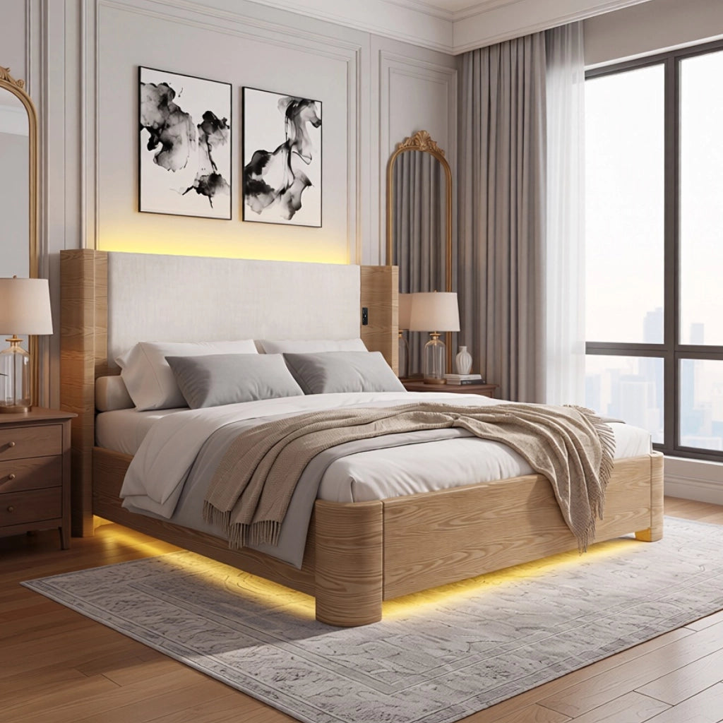 Letto contenitore matrimoniale 180 × 200 cm con LED a 7 colori, materasso non incluso, in velluto beige
