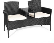 Banco esterno per 2 persone con tavolo salotto in vetro - Incluso cuscino - Nero - 138 x 61 x 85 cm