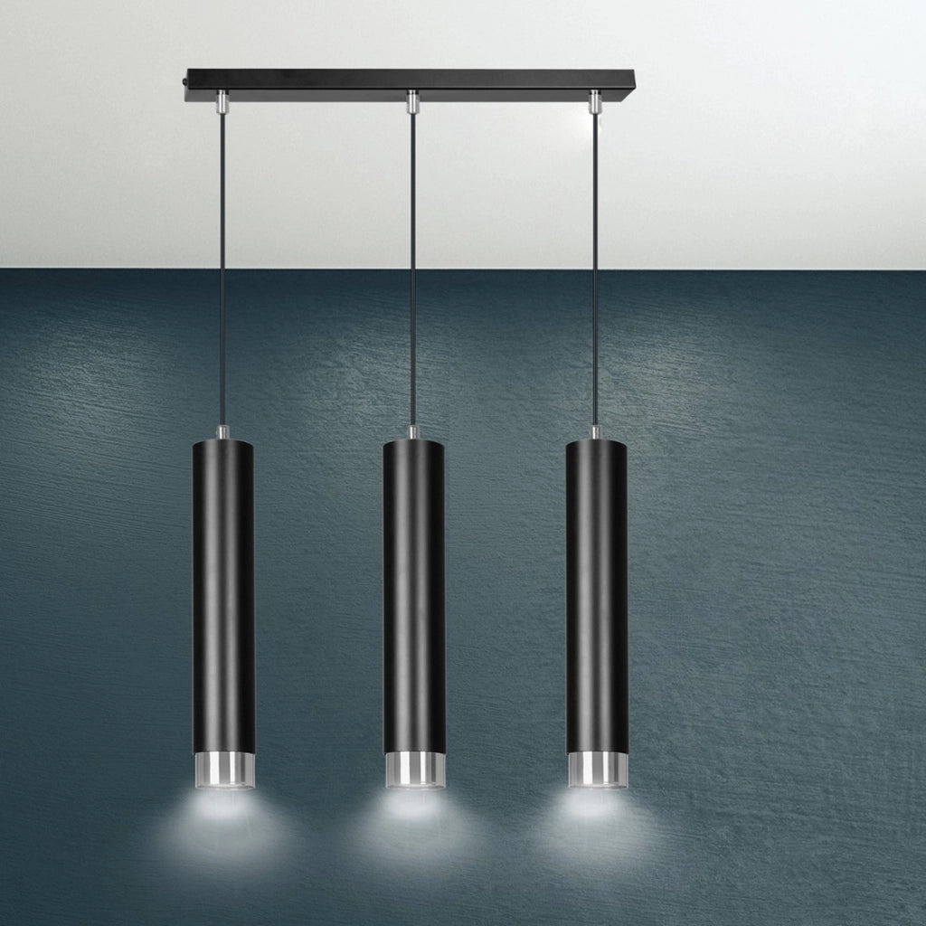 Lampada a sospensione Kibo in acciaio nero con finiture cromate