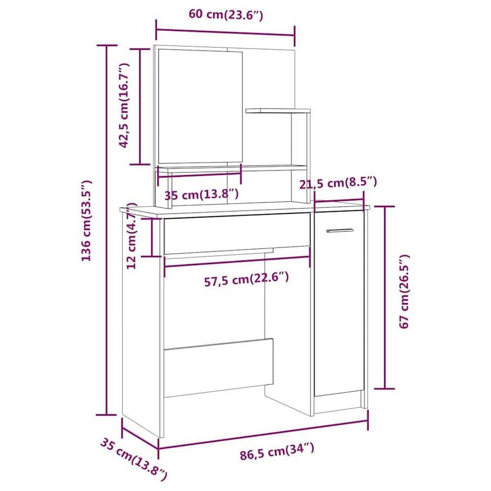 Dressing Table With Mirror, High-gloss White, 86.5x35x136 Cm
