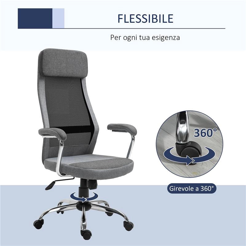 SEDIA DA UFFICIO ERGONOMICA GIREVOLE, ALTEZZA REGOLABILE E DONDOLAMENTO IN TESSUTO A RETE GRIGIO