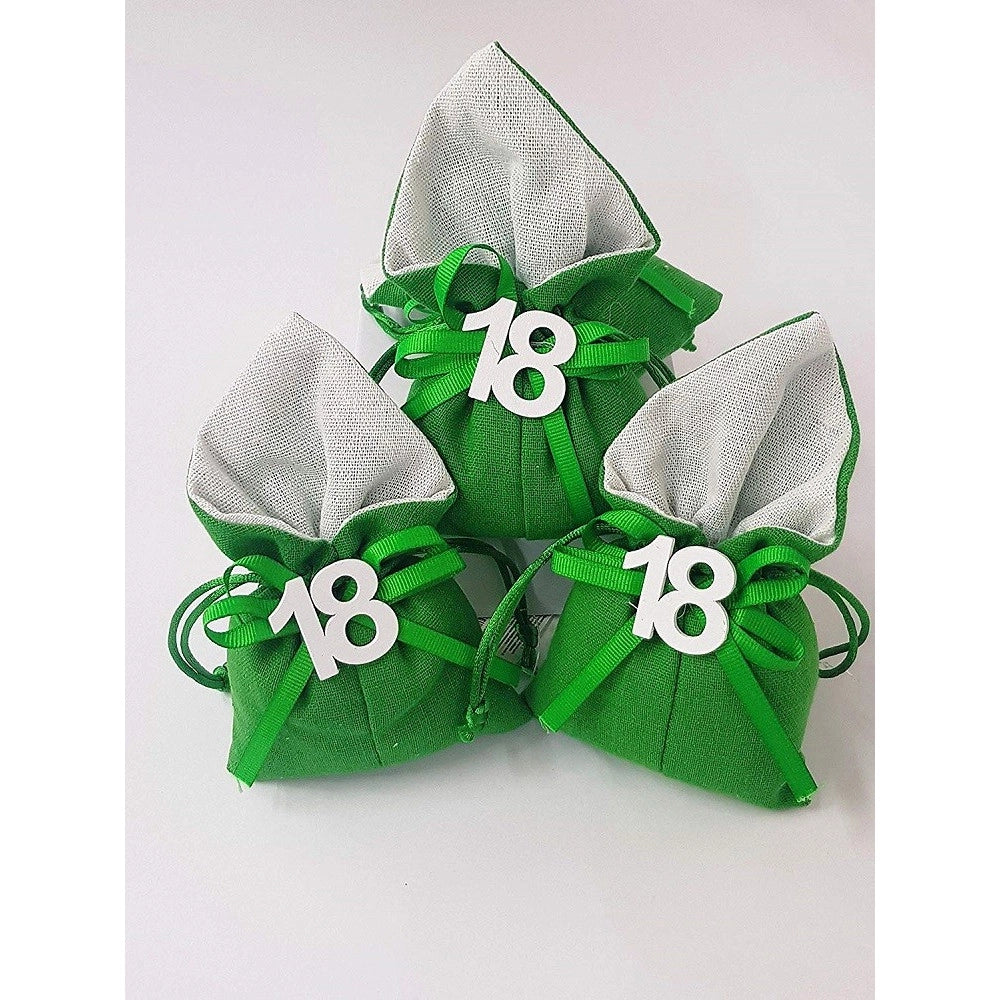 Trade Shop - Set 12pz Sacchetto Colorato Numero 18 Anni Juta 10x13cm Bomboniera Portaconfetti - Verde