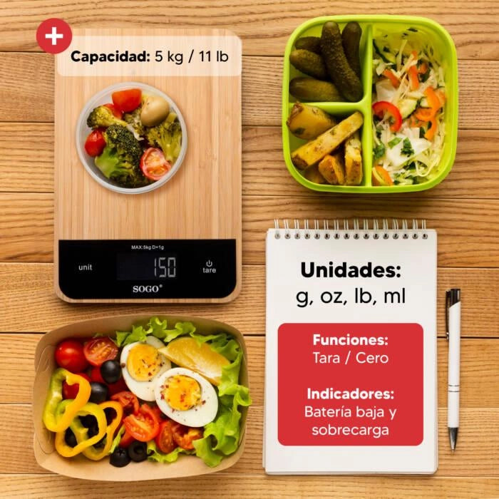 Bilancia da cucina digitale 5 kg con precisione 1 g, superficie in bambù e display touch LCD, funzione tara - Sogo