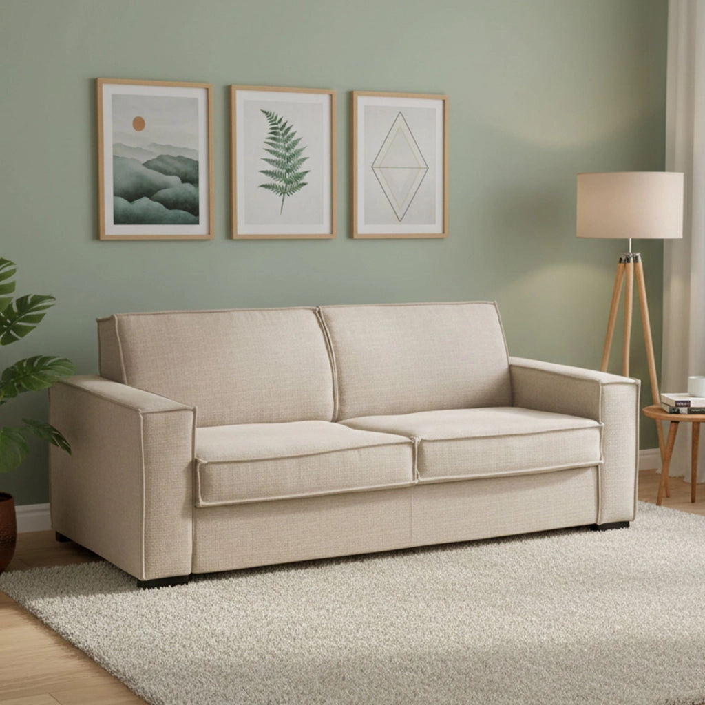 Divano Letto Alisa, Divano a 2 posti Large, Made in Italy, SofÒ  Soggiorno con apertura girevole, in tessuto imbottito, con Braccioli slim, cm 180x95h90, Beige