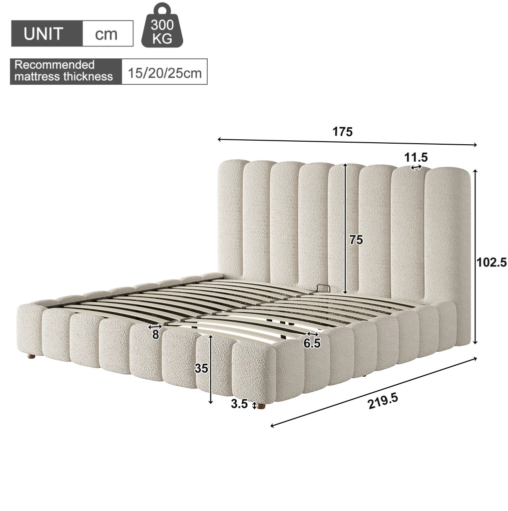 Letto matrimoniale 160x200 cm con contenitore idraulico; bouclé bianco