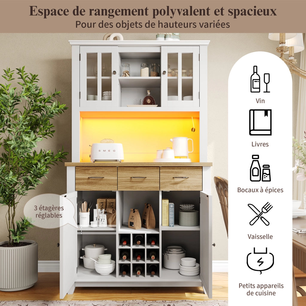 OKWISH Credenza da Cucina con 1 Cassetto, 6 Vani, Portabottiglie da 9 Bottiglie e LED, per Cucina, MDF, Bianco, 106×40×179.5 cm