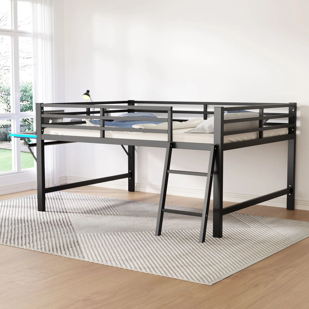 Letto in metallo 140x200 cm con scrivania pieghevole; scala; sponde e LED; nero