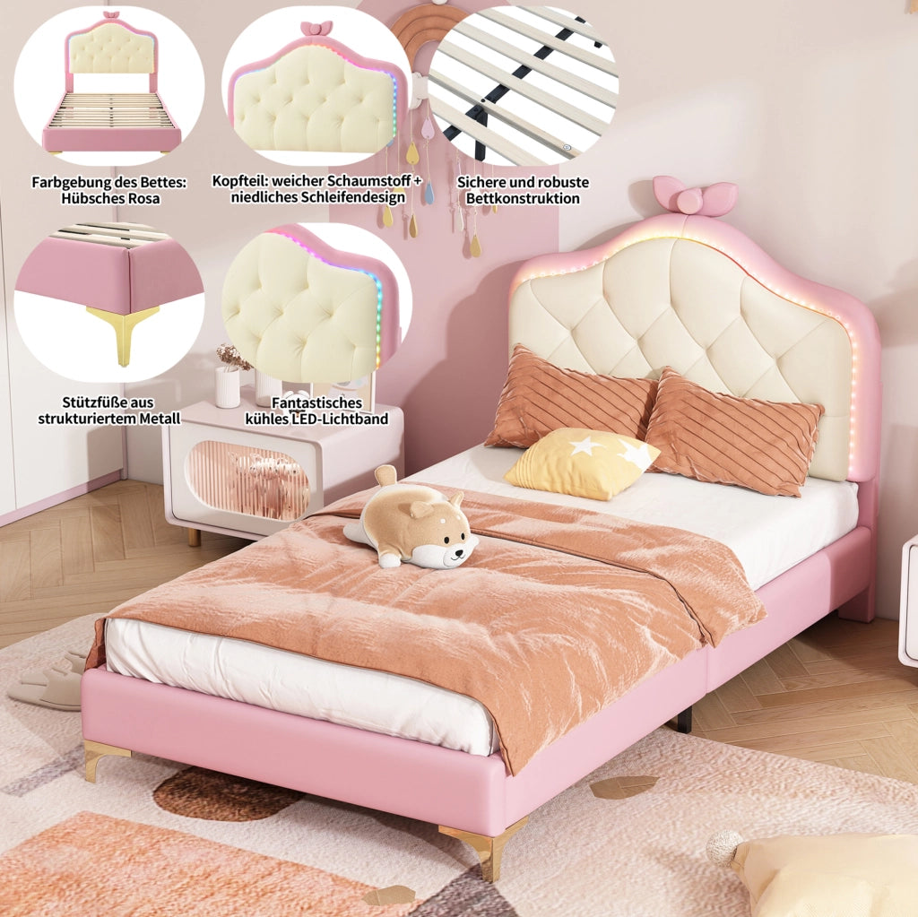Letto imbottito singolo con testiera a onda e luci LED