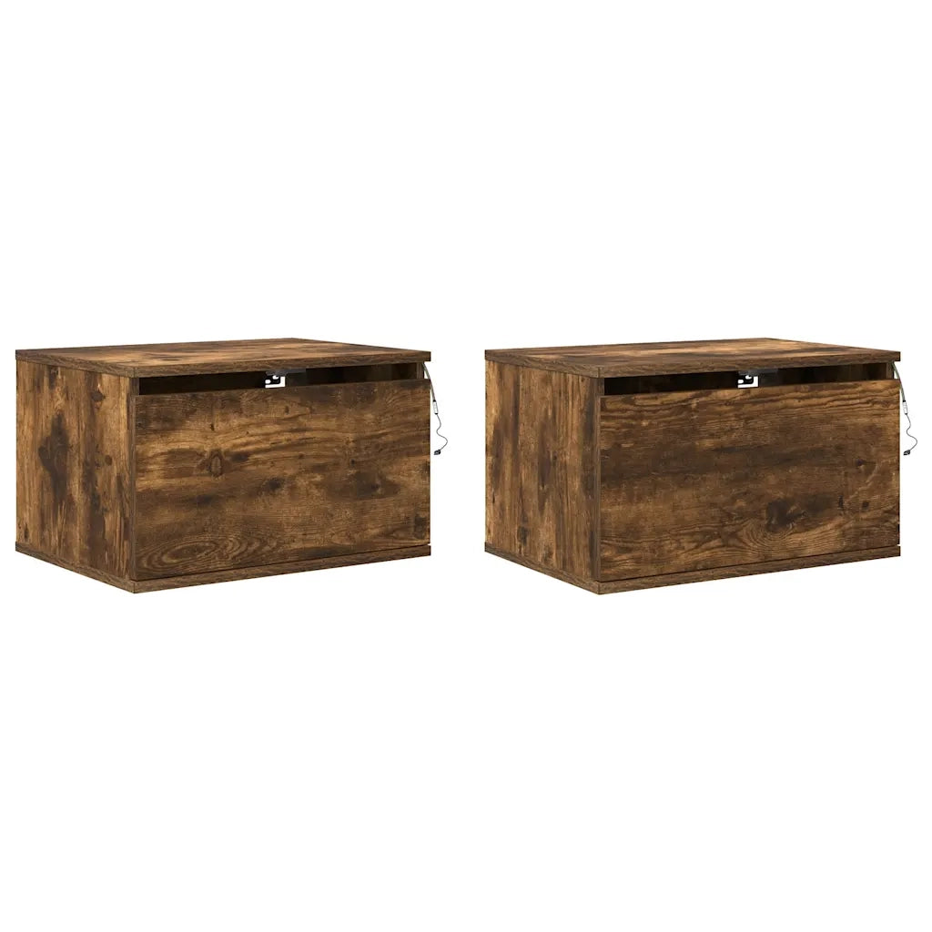 Comodini a Parete con luci LED 2 pz Rovere Fumo