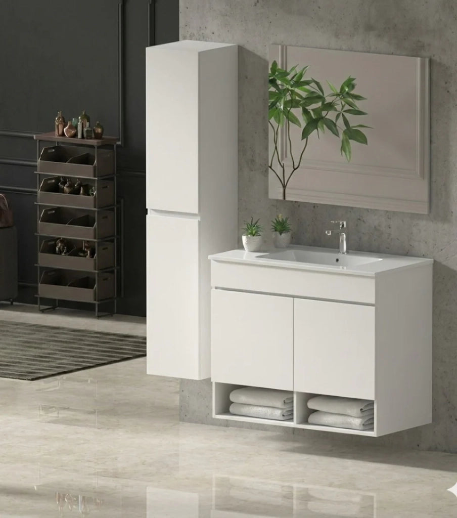 Mobile Bagno NEBARI Già Montato 2 portas, lavabo e specchio Bianco lucido 90x40 cm con colonna