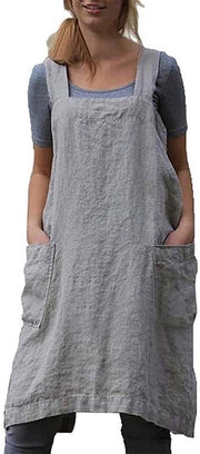 Schort a rete crociera, grembiule di lino puro con grande tasca in stile giapponese, grembiule da cucina vintage per donne, giardino, fiori, grigio
