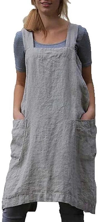 Schort a rete crociera, grembiule di lino puro con grande tasca in stile giapponese, grembiule da cucina vintage per donne, giardino, fiori, grigio