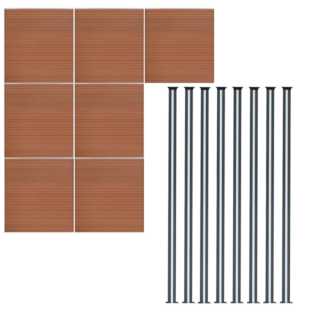 Pannelli Recinzione x7 + 8 Pali Alluminio LED Marrone Doghe PVC 185cm