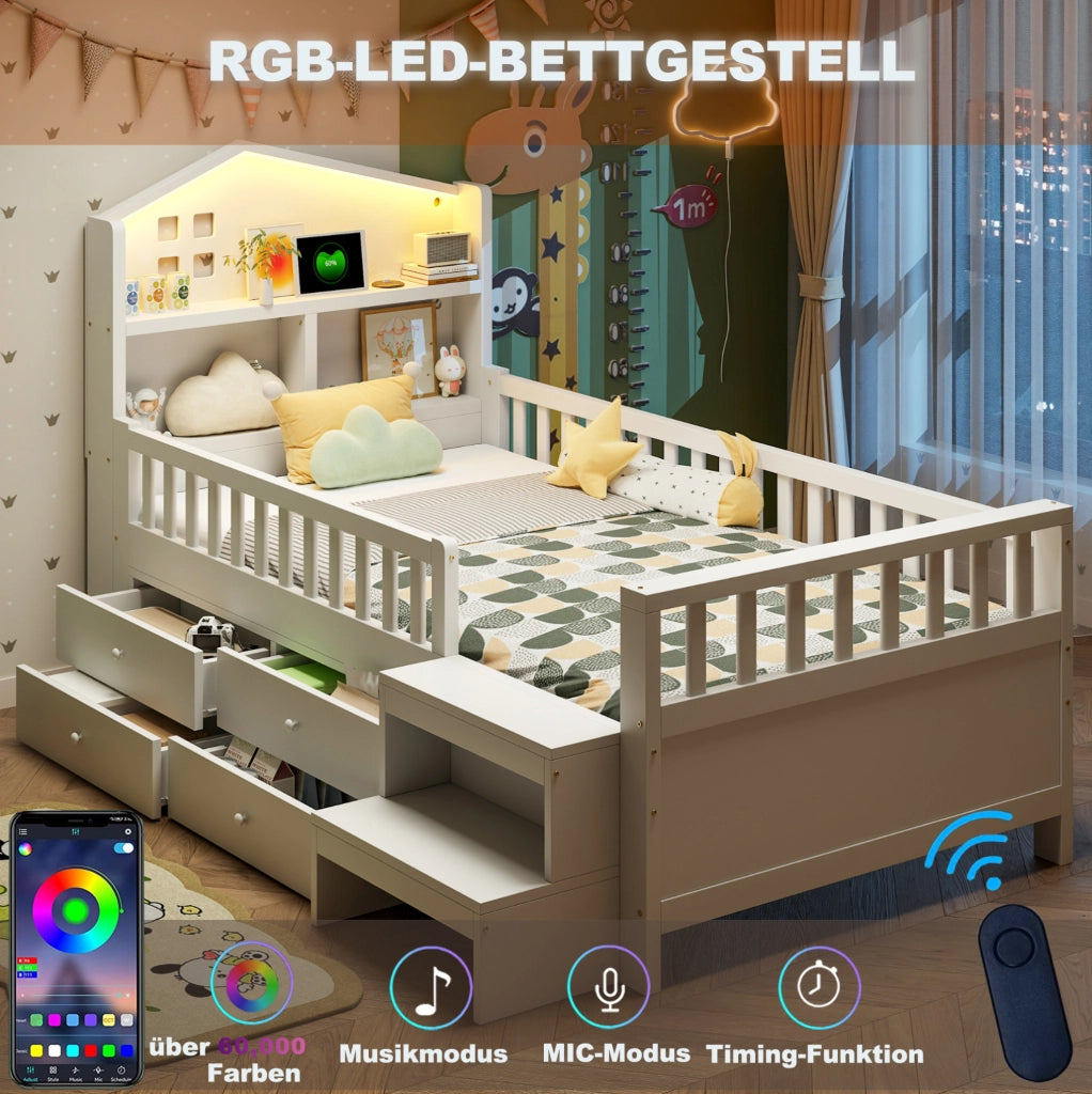 Letto per bambini 90x200 cm con 4 cassetti; LED; USB e USB-C; bianco