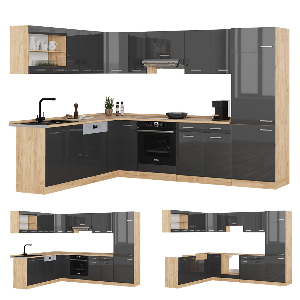 Cucina angolare completa R-Line Antracite lucido/Rovere dorato 287 x 60 cm, PL Marmo Vicco