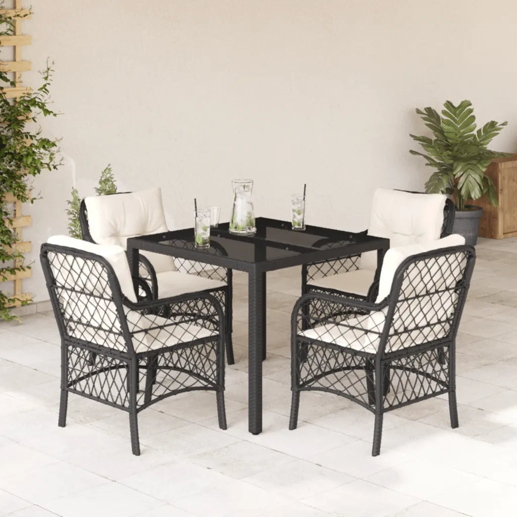 Set da Pranzo da Giardino 5 pz Nero con Cuscini in Polyrattan