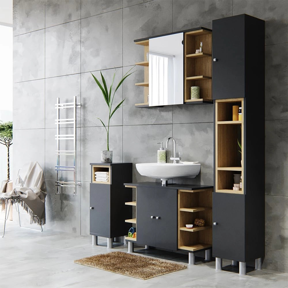 Set mobili bagno Aquis, Antracite, 79.6 cm, composto da specchio da bagno e mobile sottolavabo