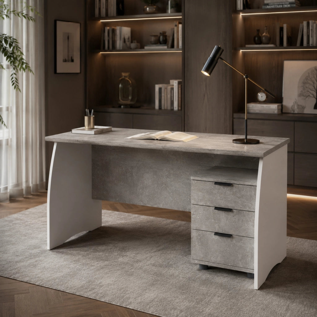 Scrivania Scrittoio Per Studio Con 3 Cassetti Mobile Da Ufficio Soggiorno Sala Da Pranzo 136 X 74 X 67 Cm Bianco E Grigio Cemento
