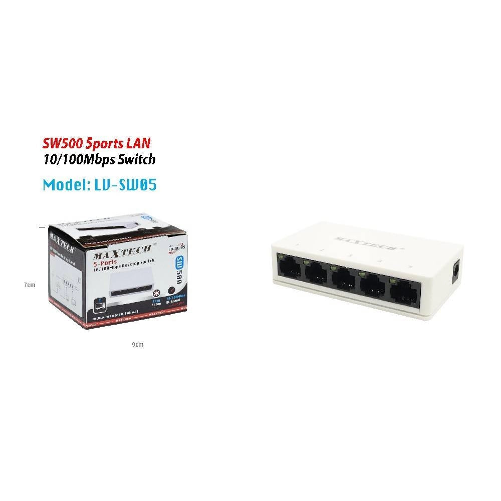 Trade Shop - Switch Desktop 5 Porte Lan Sw500 10/100mbps Facile Installazione Maxtech Lv-sw05 -